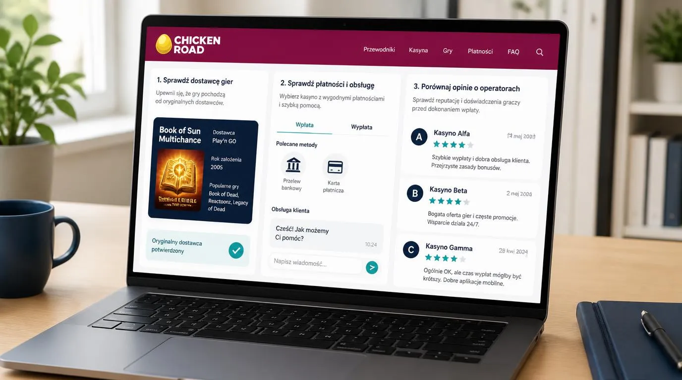 Laptop z porównaniem kasyn, kartą dostawcy gry, panelem płatności i oknem pomocy po polsku